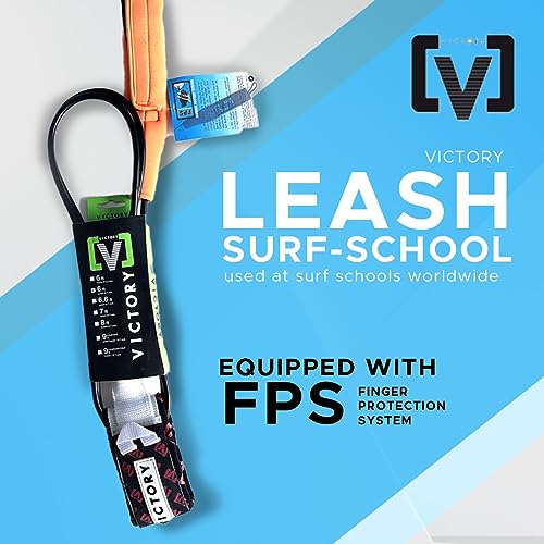 Victory Surf-School Leash, Black - w/FPS, Double Stainless Steel Swivels, Neoprene Padded Ankle Strap, Key Pocket, Detachable Rail Saver, Urathane Cord – Perfect for Beginners, Size 6/7 / 8/9 (8)