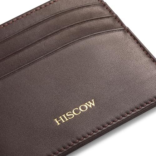 Image of HISCOW Slim Full Grain Leather Card Holder, Coffee | Men's minimalist EDC wallet, front pocket carry, 6 credit card slots & center pocket, fits folded bills, premium gift box