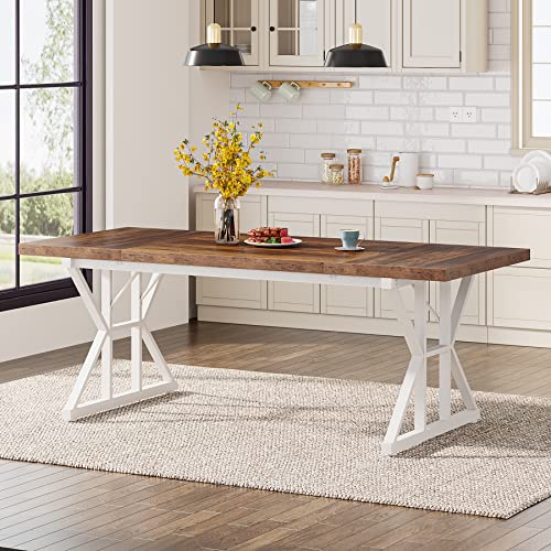 Tribesigns Farmhouse Dining Table for 6 People, 70.8-Inch Rectangular Wood Dining Table, Rustic Kitchen Table with Heavy Duty Metal Legs for Dining Room (Brown/White) by Tribesigns - Used condition - Image 3