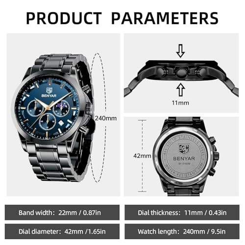 Image of BENYAR Men's Watches Waterproof Sport Military Watch for Men Multifunction Chronograph Black Fashion Quartz Wristwatches Calendar with Leather Strap