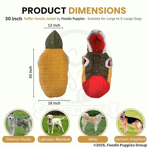 Image of Foodie Puppies Dog Puffer Hoodie Warm Winter Jacket - (Yellow Olive, 30 Inch) for Xtra Large Dogs | Ultra Warm Waterproof & Windproof Fur Coat | Washable Pet Vest Apparel for Cold Weather