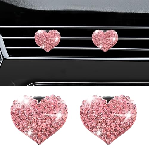 Image of Car Bling Air Vent Clips, 2 Pcs Bling Heart Charm Air Conditioning Outlet Clip, Crystal Rhinestone Accessories, Car Interior Decoration Cute Accessories for Women Girls (Pink, Vanilla)