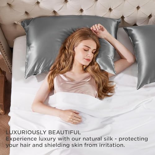 Image of Craftelio Satin Pillow Covers Set of 2 with 3 Random Satin Hair Scrunchies - Soft, Silky & Gentle Pillowcases for Hair & Skin Care (Gray)