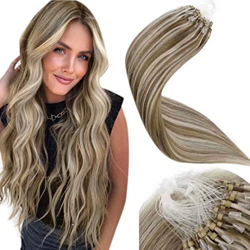 LaaVoo 20inch Micro Loop Hair Extensions Loop Micro Ring Tipped Remy Human Hair Pre Bonded Extensions Highlighted Color Ash Brown to Light Blonde Keratin Stick Tip Hair Extension50g/50s#P8/24