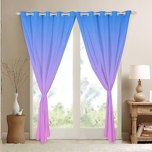 Homemissing Ombre Blackout Curtains(30%-50%) Pink Window Curtains for Kids Rainbow Window Dreapes Blue Pink Ombre Window Treatments W52*L63 - Image 4
