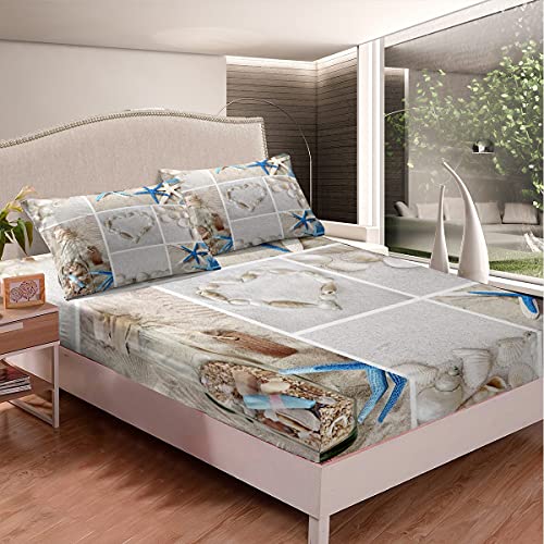 Erosebridal Beach Bedding Set, Coastal Nature Theme Fitted Sheet Full Size for Kids Boys Girls Teens Bedroom, Starfish Shell Fitted Bed Sheets Soft Decorative Fabric Bedding All-Round Elastic Pocket