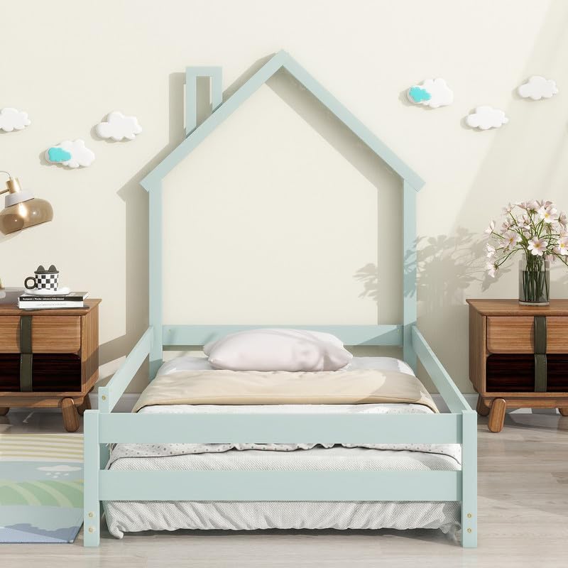 Miniatura 12 de DHAEY Cama de piso para niños, niñas, marco de cama de madera de tamaño individual con cabecera en forma de casa y vallas para niños y niñas, cama