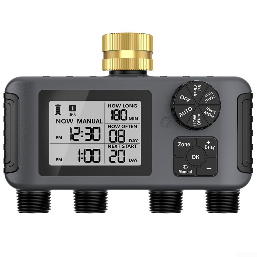 Timer automatico per irrigazione da giardino, quattro per regolatore di irrigazione a zona con sistema di irrigazione multi uscita, ritardo della pioggia per programma di irrigazione delle piante su