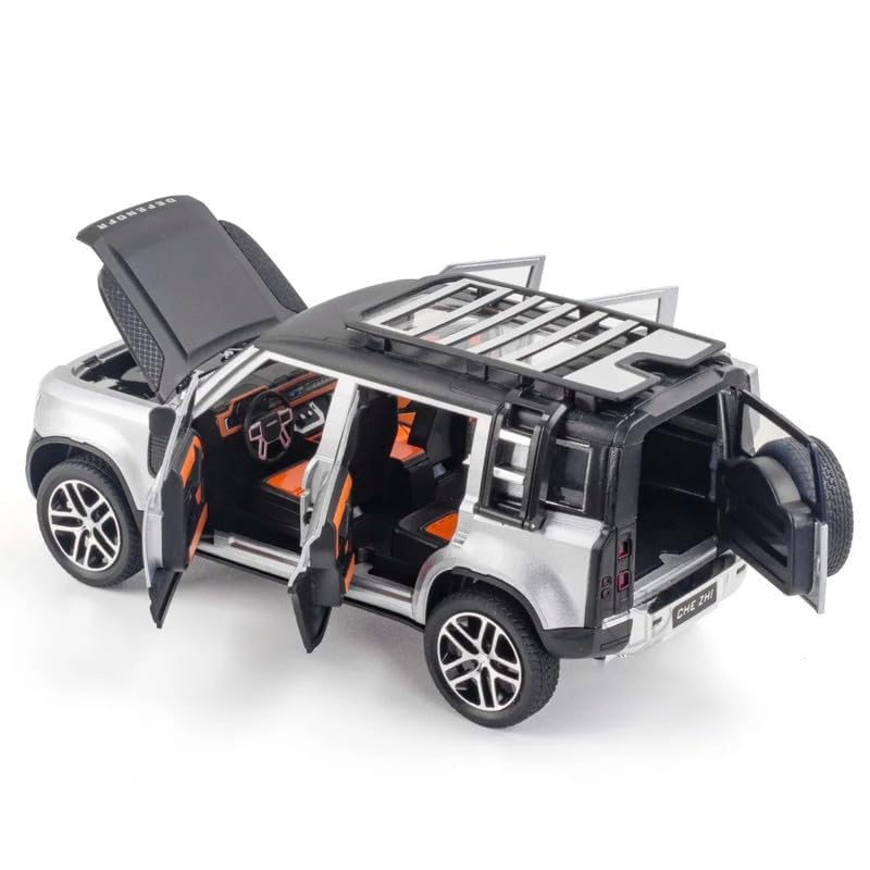 Image of 1:24 Land Rover Defender Alloy Diecast Model Car, Pull Back Vehicle with Openable Doors, Sound & Light Effects, Toy for Kids, for Car Enthusiasts and Collectors. (Silver)