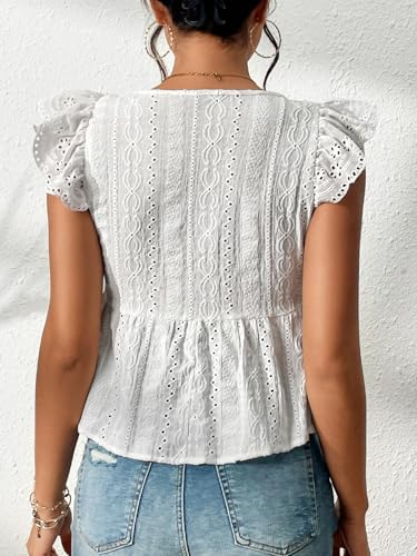 SweatyRocks Women's Stylish V Neck Eyelet Tops Ruffle Sleeve Peplum Tops for Women Dressy Shirts2