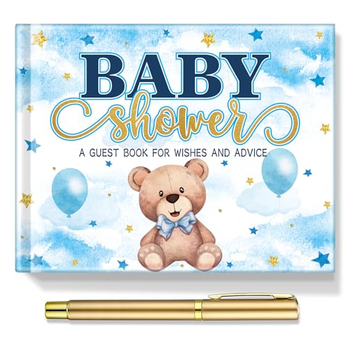 Image of Fuyoooo 27 Pcs Blue Color Bear Baby Shower Guest Book Set Baby Shower Sign in Guest Floral Book Place Table Cards with Gold Pen Adhesive Photo Corner for Birthday Party