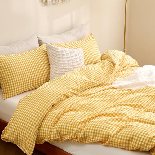 Image of TOCOMOA Yellow Gingham Duvet Cover Bedding Set 100% Washed Cotton Like Linen Feel Super Soft Comfortable 3 Piece Vintage Plaid Checkered Comforter Cover Set (Queen 90 inchx90 inch, Comforter Not Included)