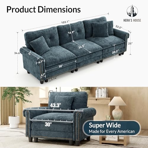 Image of HERA'S HOUSE 103.1 inch Modular Sectional Couch for Living Room Deep Seats | Mid-Century Modern 3-Seater Cloud Sofa, Cyan, Rolled Arms & Nailhead Trim, Wider & Deeper Seats, Soft Chenille