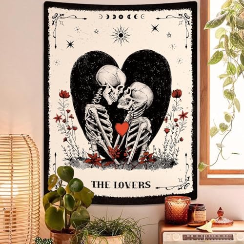 ARTCREATOR The Lovers Skull Tapestry Wall Hanging Black and White Skeleton Tapestries Vertical Witchy Gothic Wall Bedroom Decor for Living Room Bedroom (51