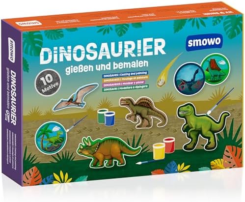 Smowo® 10 Dinosaurier Gipsfiguren zum Gießen und Bemalen - Dino Gips Bastelset inklusive Enzyklopädie - Geschenk zum Basteln für Jungen und Mädchen