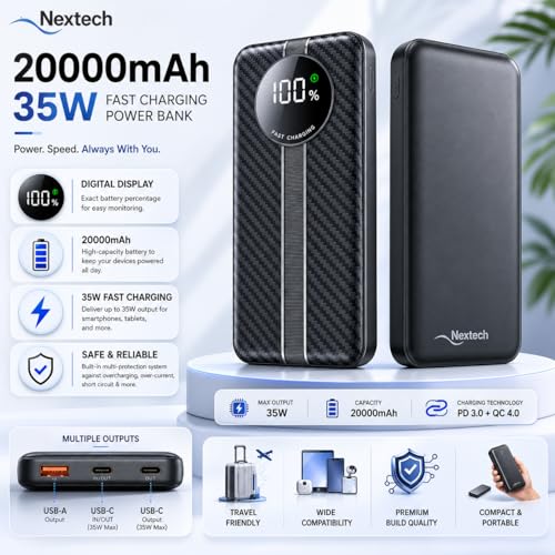 Image of Nextech Astro 20000mAh 35W PD Fast Charging Power Bank, Type-C Input & Output, Dual Output with Digital Display, Portable Laptop & Mobile Charger for iPhone, Android, Tablets & MacBook, Black