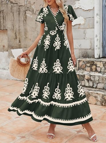 Image of PRETTYGARDEN Womens 2026 Summer Casual V Neck Boho Maxi Dress Flowy Aline Bell Sleeve Tiered Floral Dresses with Pocket