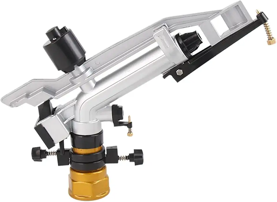 Aspersor Canhão Irrigador Profissional, Metal, Rotação 360°, 1.5 Polegadas, Alcance 40-60m, Hidráulico, 5 Bicos Intercambiáveis, Para Agricultura e Lavouras