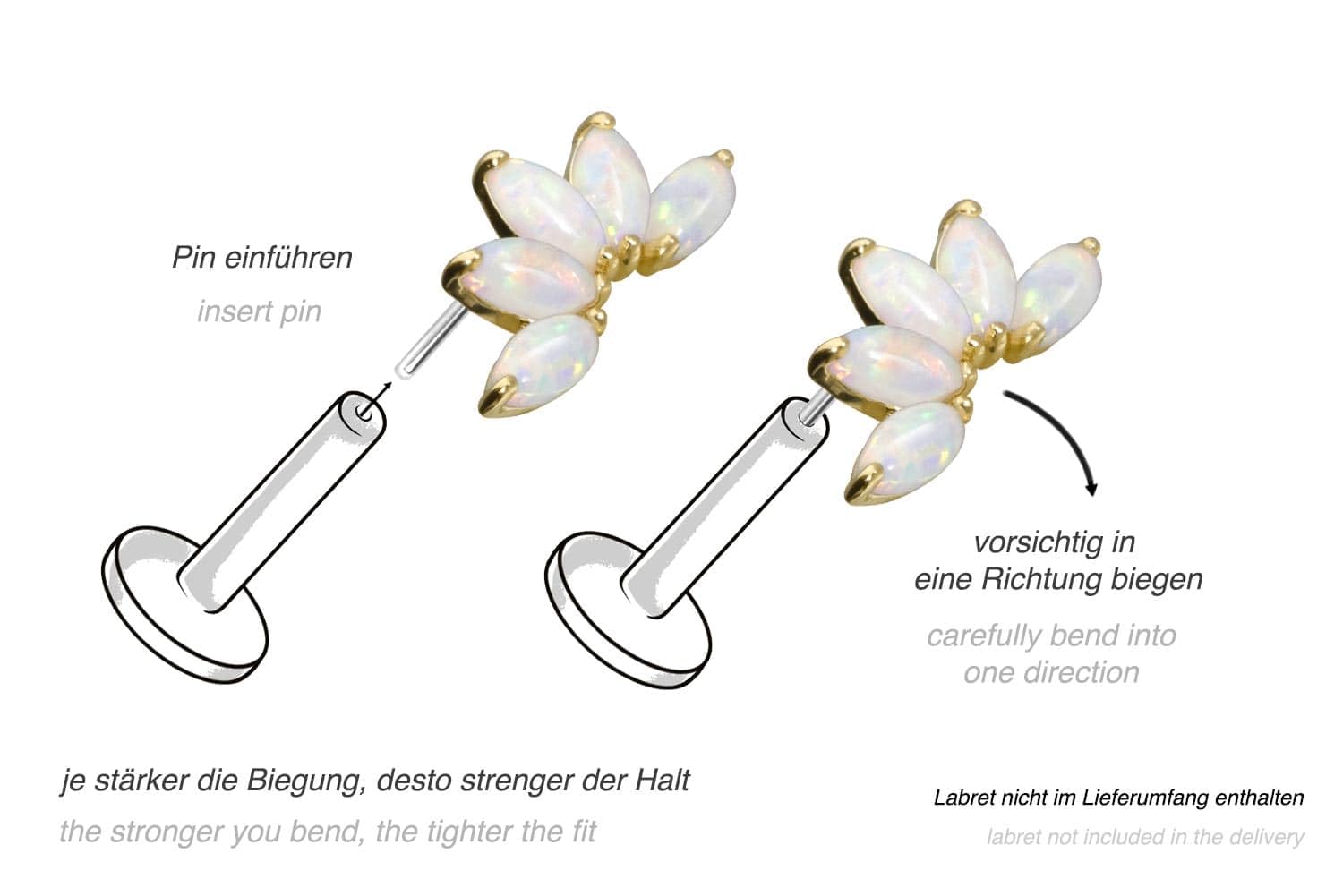 PIERCINGLINE 14 Gold Aufsatz mit Titan Push Pin LOTUSBLÜTE + SYNTHETISCHE OPALE 585er Gold - Roségoldfarben, Goldfarben, Weiß, Silberfarben
