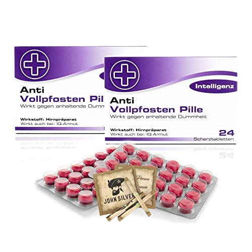Lustige Pillen ANTI VOLLPFOSTEN PILLE im 2er Set, als Geburtstagsgeschenk. Spaß, Anti Stress, gute Laune, Junggesellenabschied Mann und Frau. mit John Silver® Orakelsprüchen