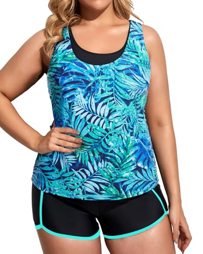 Image of Holipick Women Plus Size Swimsuits - Athletic 3 Piece Tankini with Shorts | Sports bikini top, high waist shorts, tank top, removable pads. Athletic style for water activties