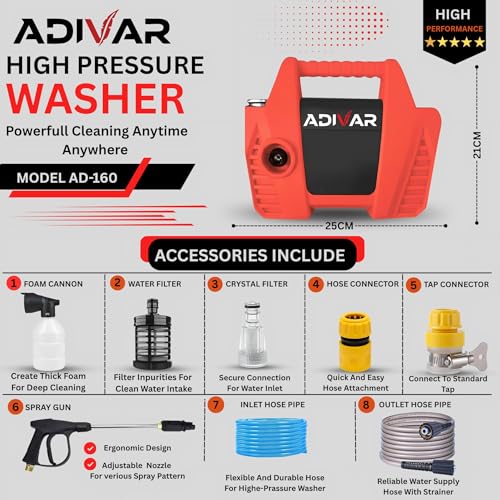 Image of AD-160 High Pressure Washer | 1800W Motor | 160 Bar Max Pressure | 6 L /Min Flow Rate | Portable Electric Washer for Car, Bike, Walkways & Home Cleaning | 8M Outlet Hose Pipe Included