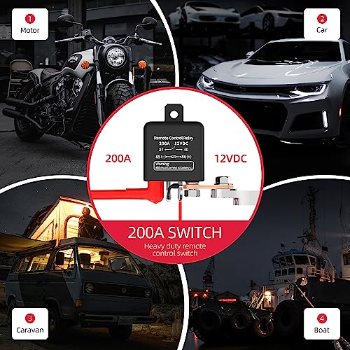 Joinfworld Remote Battery Disconnect Switch 12V 200A Car Kill Switch Anti-Theft Remote Control Switch with Two Remote Control Relay Fobs for Auto Truck Boat