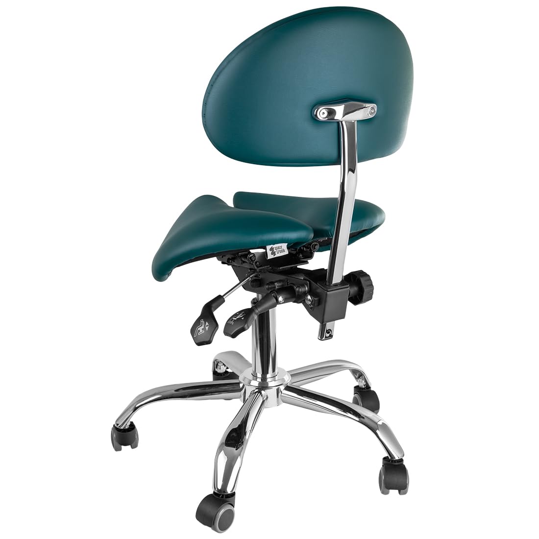 Spacetronik Sattelhocker mit Verstellbarer Rückenlehne, Zweigeteilter Ergonomischer Sattelsitz, Höhenverstellbar 50–62 cm, Rollhocker mit Metallbasis und 5 Weichrollen