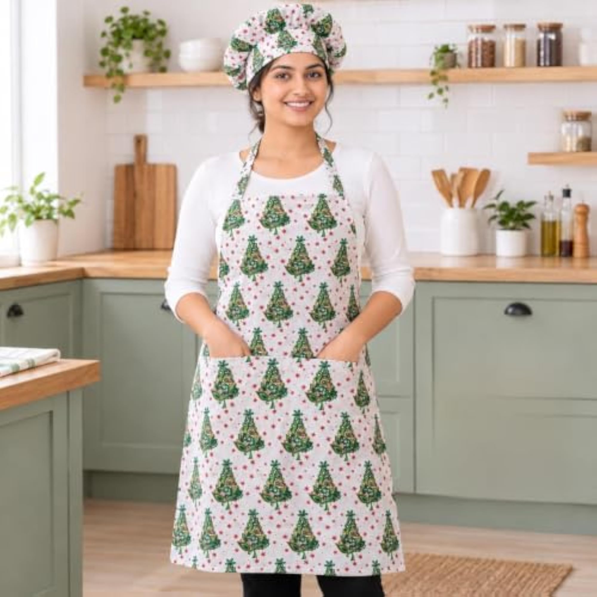 Handloom Printed Kitchen Apron with Matching Chef Cap