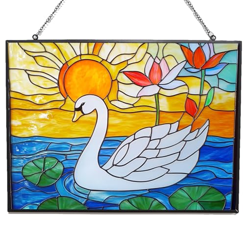 365CUSGIFTS Personalized Rectangle Vintage Swan and Lotus Stained Glass Window Hanging, Stained Glass Window Decor Suncatcher for Women, Home Décor