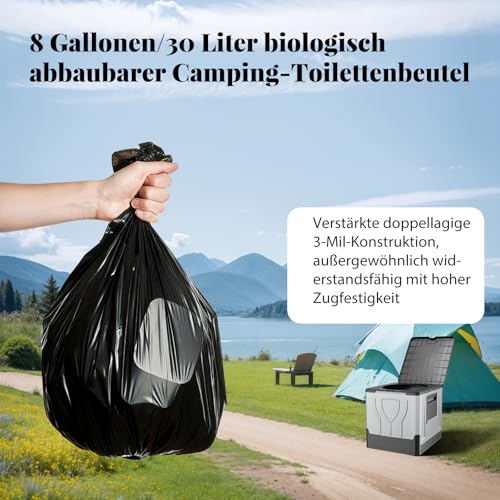 Zestaw 100 czarnych worków toaletowych na kemping, 30 l, biodegradowalne worki toaletowe, do wszystkich toalet kempingowych, wodoodporne, ekstra grube, akcesoria do toalety oddzielającej
