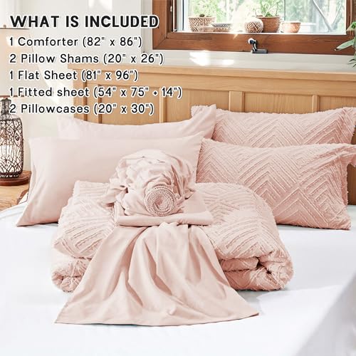 Image of Zzlpp Full Comforter Set 7 Pieces, Pink Tufted Bed in a Bag with Comforter and Sheets, All Season Boho Bedding Sets with 1 Comforter, 2 Pillow Shams, 2 Pillowcases, 1 Sheet