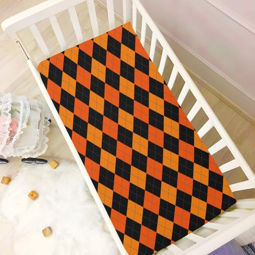 Image of Baby Crib Sheet Halloween Argyle Plaid Crib Mattress for Boys and Girls Playard Sheet Soft Breathable Fitted Baby Mattress Cover 52x28in