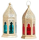 Antique Collection Moroccan Moksha Hanging Lantern | Laltern Lamp with Tealight Candle Holder (Pcs 2, Combo) (Golden-Blue-Red),Iron