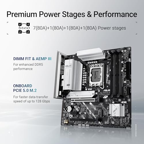 Image of ASUS Prime B860M-A Intel mATX Motherboard, 7+1+1+1 80A DrMOS Power Stages, DDR5, PCIe 5.0, 2xM.2 Slots, Realtek 2.5Gb Ethernet, Dual DisplayPort, HDMI,Rear USB 20Gbps Type-C