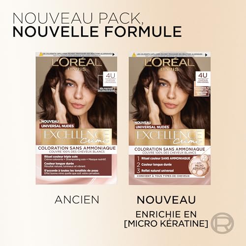 L’ORÉAL PARIS - Coloration Cheveux Cheveux Permanente - Sans Ammoniaque - Couvre 100% des Cheveux Blancs - Excellence Crème Universal Nudes - Nuance : Blond Universel (7) (Lot de 2)