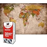 GREAT ART Fototapete Weltkarte Vintage Look 210 x 140 cm – Atlas Retro Stil Globus Kontinente Old School Geografie Dekoration Wanddeko Bildtapete – 5 Teile Tapete inklusive Kleister