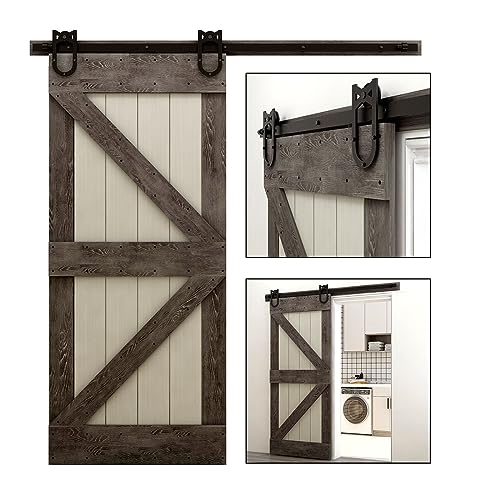 Kit de herrajes para puerta corrediza de granero resistente, fácil instalación, funcionamiento suave y silencioso, diseño en forma de herradura, se adapta a un panel de puerta individual de 304 cm