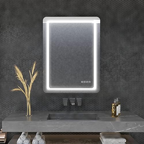 furduzz IL-02-60 Illuminated Backlit LED Bathroom Mirror, 600x450mm Wall Mounted Multifunction Bathroom Vanity Mirror with Touch Button 3 Colour Light Dimmable Anti Fog Make Up Mirror