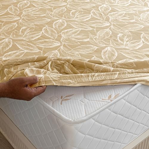 Image of HOMEMONDE Cotton 210 TC Elastic Bedsheets Leaf Printed Noiseless Fitted Bed Sheets King Size 72 X 78 Inches with 2 Pillow Covers - Golden | Perfect for Home Decor & Gifting