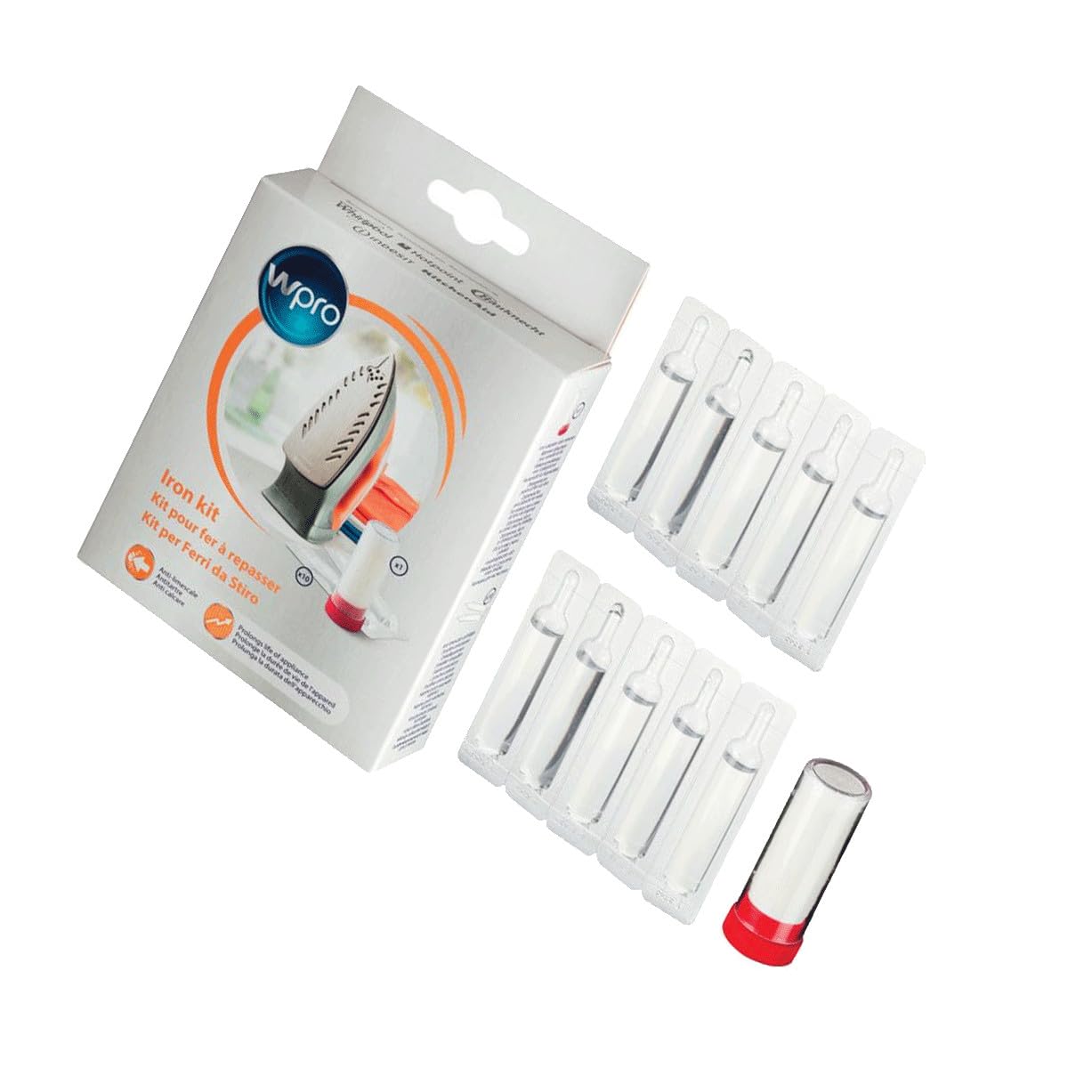 Kit di 10 dosi anticalcare + 1 stick smacchiatore centrale vapore, ferro da stiro 484000008407, C00380143 WPRO Centrale Vapore, ferro da stiro 48400008