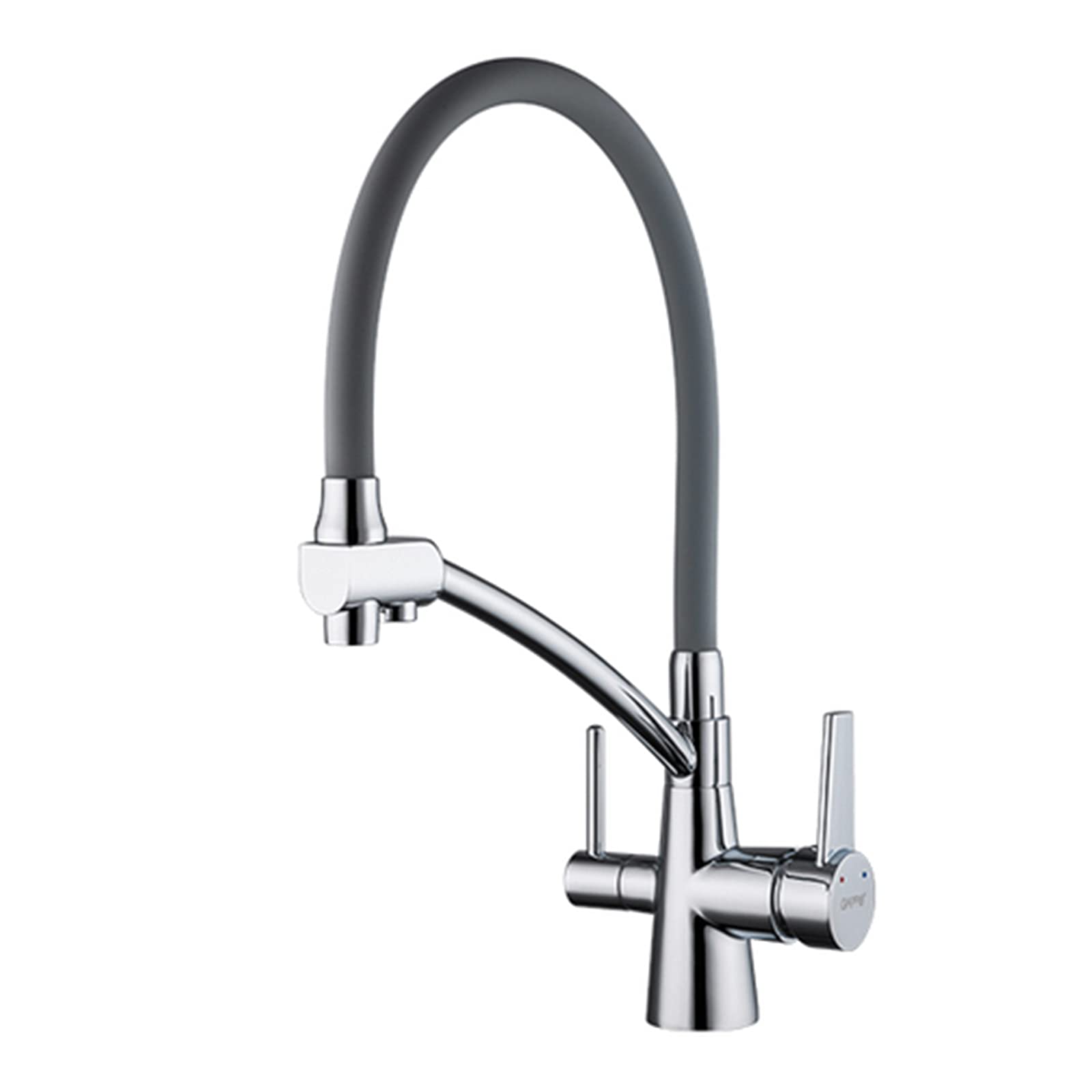 Grifo mezclador de cocina extraíble cromado con doble manija y agua filtrada independiente