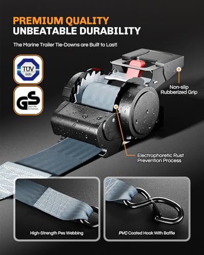 WELLUCK Retractable Ratchet Tie Down Straps for Boat Trailer, Jetski – Heavy Duty 3300lbs Break Strength with Transom Bolt-On, 2 x 72 Inch, 2-Pack - Image 4
