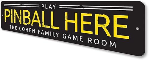 Miniatura 8 de Play Pinball Here - Letrero de aluminio para sala de juegos, nombre familiar, 6 x 24 pulgadas