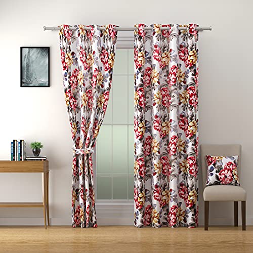 Image of Swayam 90% Blackout Polyester Window Curtain for Living Room & Bedroom | 5 Feet | Room Darkening Curtain with Eyelets | Pack of 2 | Floral Design - Red & Grey