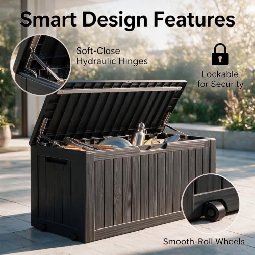 Image of 92 Gal Deck Box,Waterproof Resin Outdoor Storage Gas Lift,Lockable Black