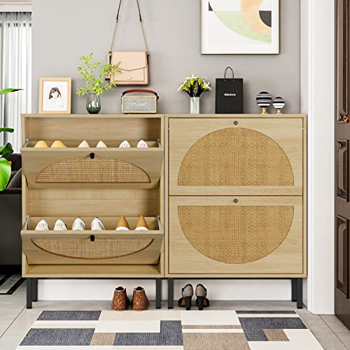 Goujxcy Natural Rattan Shoe Cabinet With 2 Flip Drawers, Modern 2-Tier Shoe Rack Storage Cabinet For Heels, Boots, Slippers, Free Standing Shoe Rack For Living Room Entrance Hallway (Brown-2 Door) #TOP1