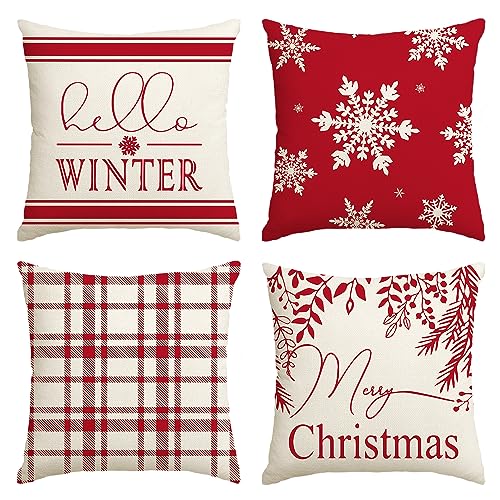 AVOIN colorlife Merry Christmas Hello Winter Buffalo Plaid Snowflake Red Throw Pillow...