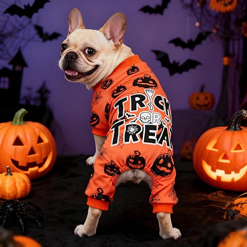 Hund Halloween Pyjamas Weiche Halloween Hundekleidung Kürbis Hunde Pjs Onesie mit Füßen Welpen Pyjamas für Kleine Mittlere Hunde Junge Mädchen Katze Bekleidung S