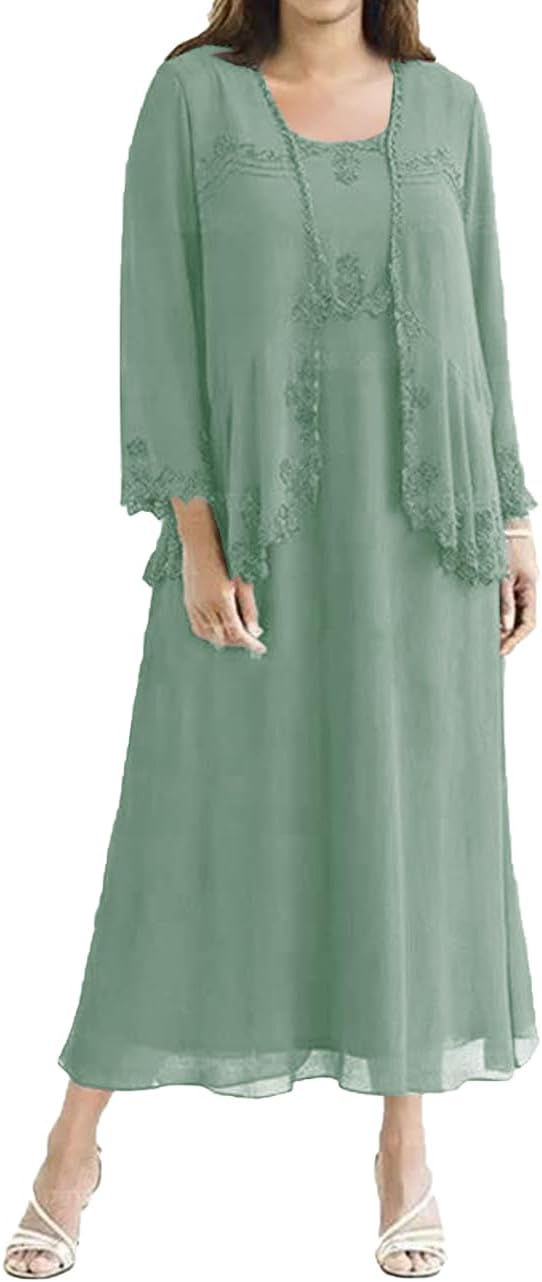 Tea Length Mother of the Bride Dresses Chiffon Evening Formal Dress Lace Wedding Guest Groom Dress Plus Size Jacket